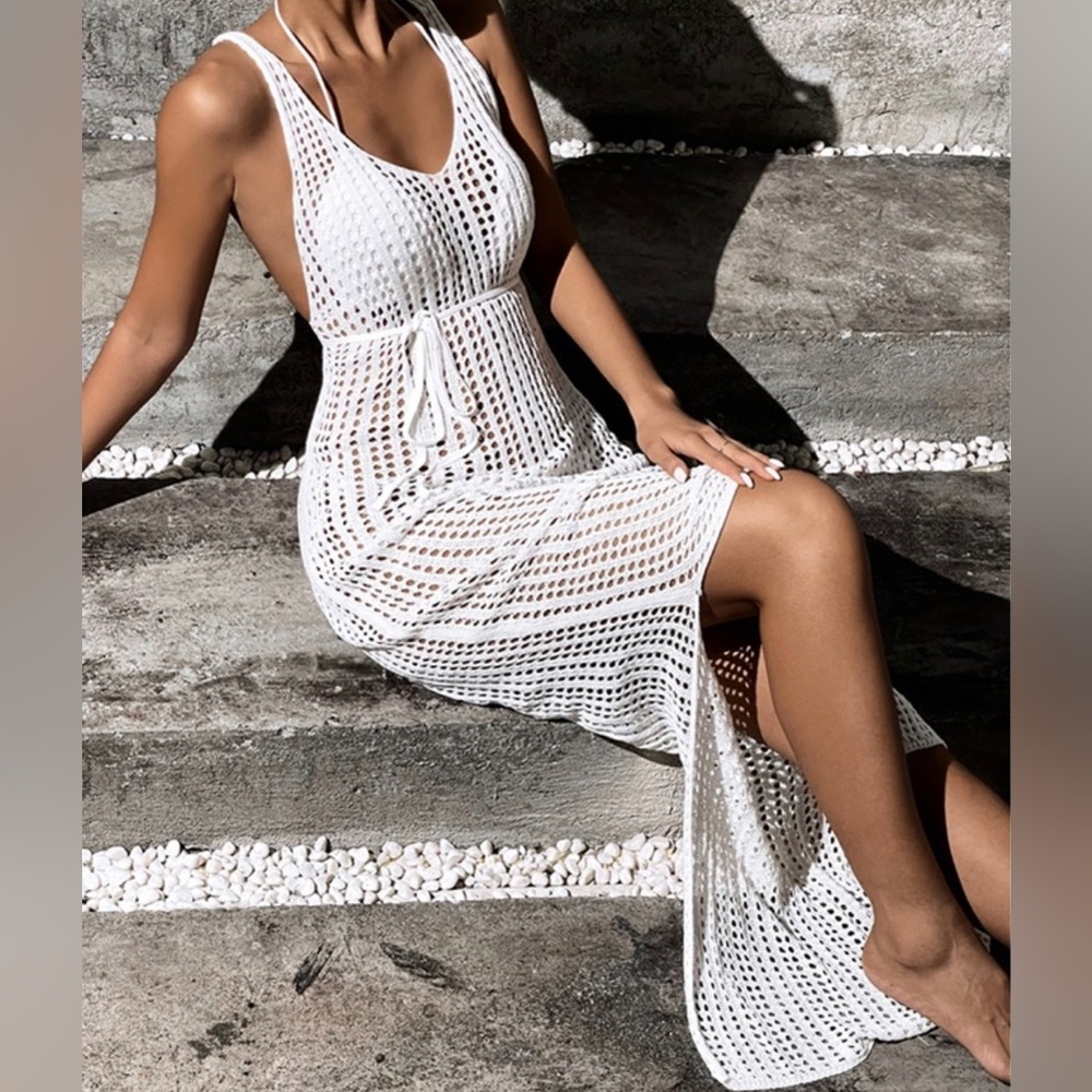 Boho Beach White Crochet Maxi Dress With Optional Waist Tie